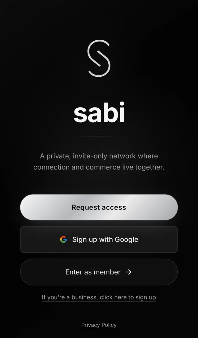 The Sabi app's first screen: Request access, Sign up with Google, Enter as member